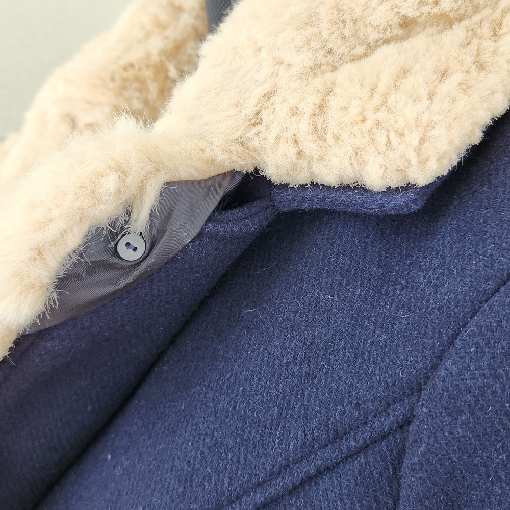ZARA Trafaluc Outerwear Navy Wool Double-breasted Coat Faux Fur Collar (S) - Picture 8 of 16